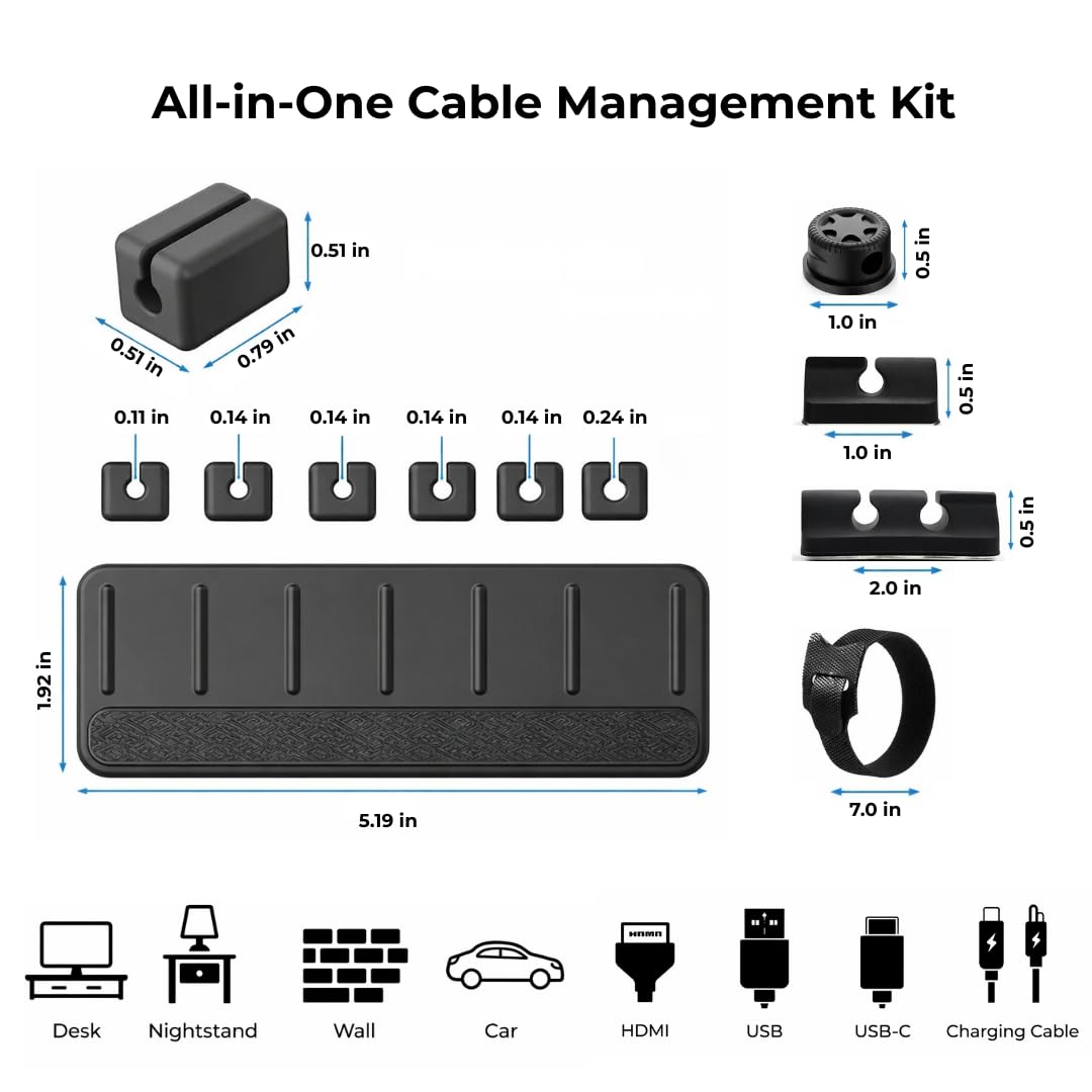 Magnetic Cable Organizer Kit (17-Piece) – Desk Cable Management Set with Magnetic Base & Adhesive Clips – Holds 6 Cables – Reusable Cable Ties for Office, Home & Gaming Setup