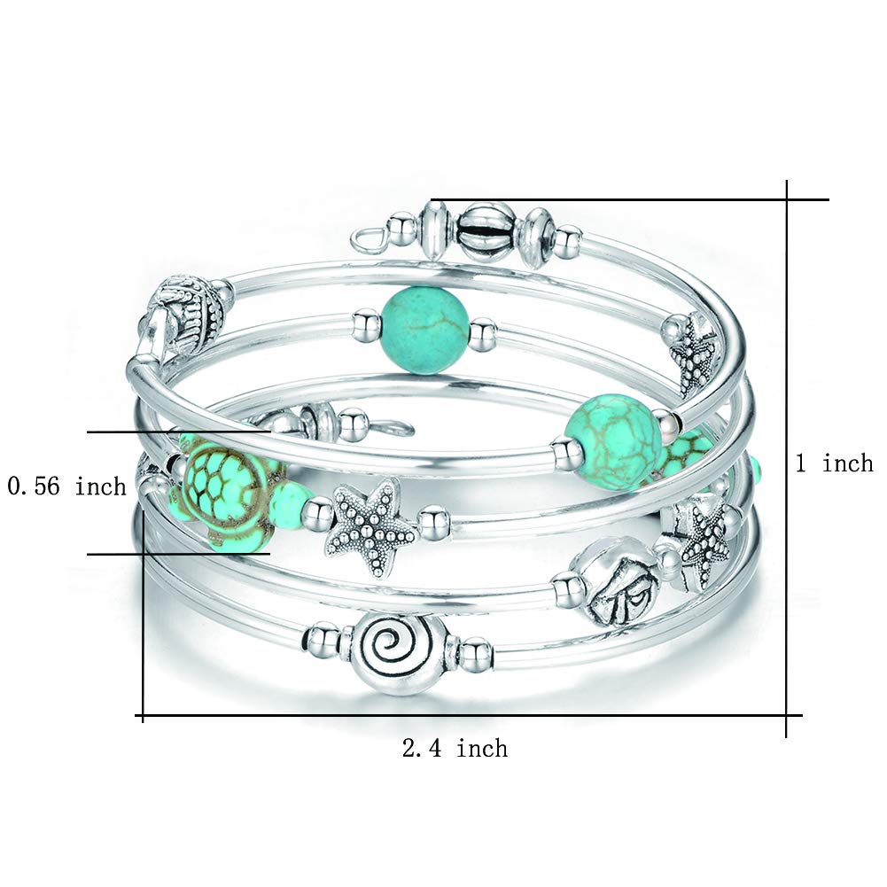 BULINLIN Layered Wrap Bangle Turquoise Bracelet - Bead Bracelet with Natural Agate Stone, Gifts For Women (18-Turquoise blue Turtle Bracelet)