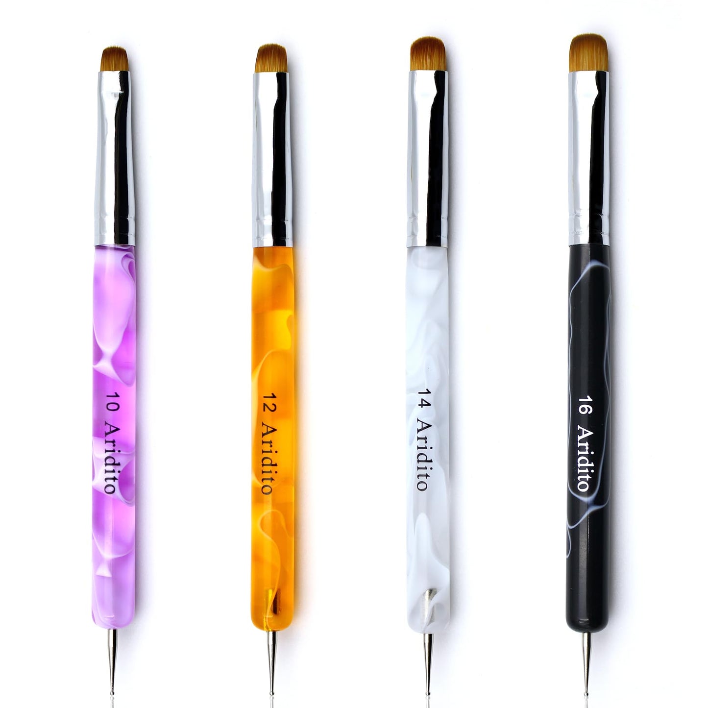 Aridito 4pcs Premium French Nail Art Brush & Dotting Tool - Professional Manicure Tool For Detailed Designs.(pink#10, Orange#12, White#14, Black#16)