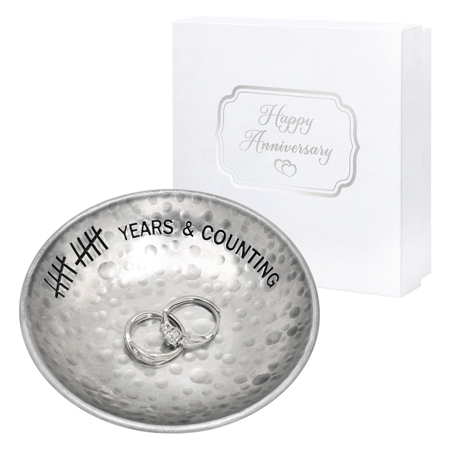 CEELGON 10 Year Wedding Anniversary Tin Gifts - 4" Tin Jewelry Tray Engraved Aluminum Decorative Dish for Couple