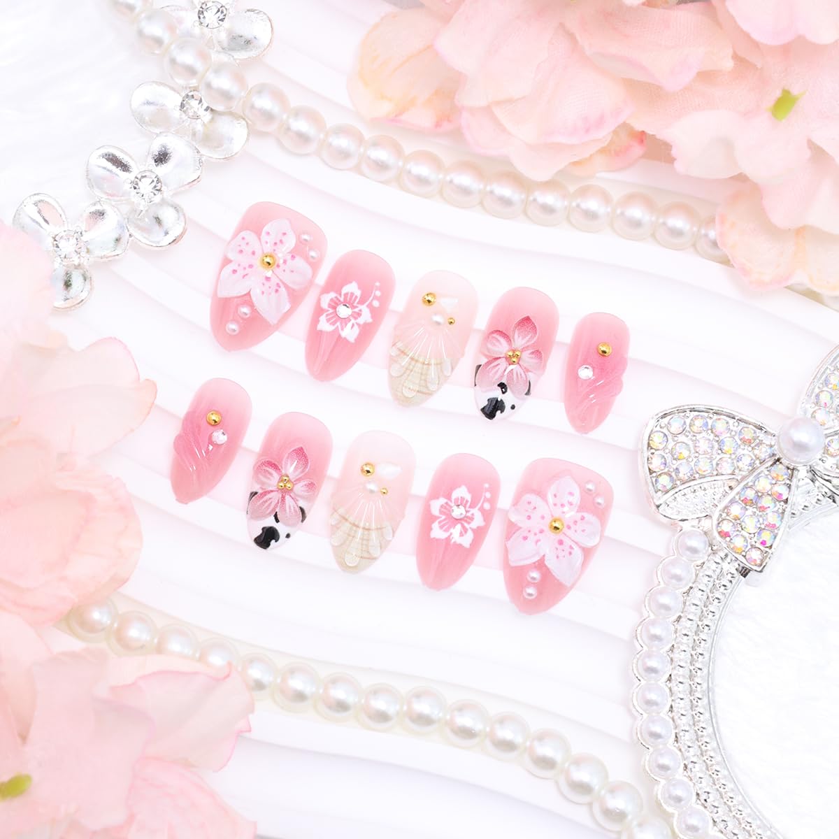 30Pcs Pink Flower Press on Nails Medium Almond 3D Cherry Blossom Fake Nails with Pearls & Rhinestones Spring Cute False Nails Reusable Glossy Glue On Nails Set for for Women Acrylic Nail Decorations