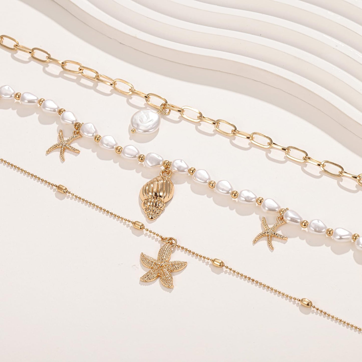 Seashell Starfish Necklace for Women Conch Shell Summer Pearl Beach 14k Gold Layered Dainty Sea Choker