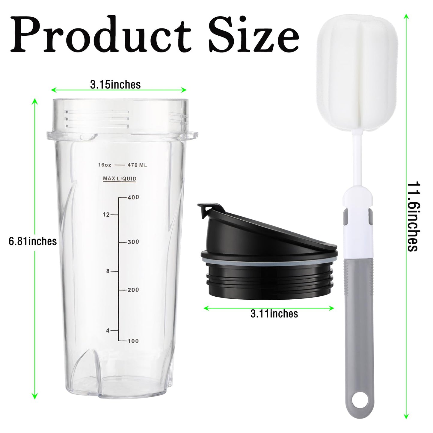 Sonkettek For Ninja Blender Cups 16oz Replacement Parts for Ninja QB3001SS BL770 BL780 BL660 BL740 BL810 QB3000SS, 2 Pack Nutri Ninja Series Blenders 16oz cups with Sip & Seal Lids