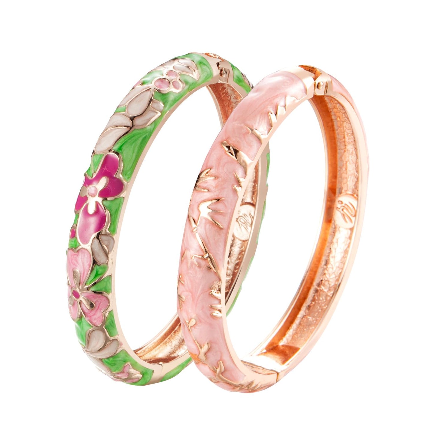 UJOY Gorgeous Bracelets Enameled Floral Cloisonne Gift Plated Cuff Bangles Jewelry Sets Box for Women 55A100-55A117 Green Pink