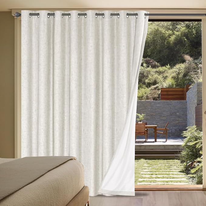 H.VERSAILTEX Sliding Door Curtains, Linen 100% Blackout Curtains Durable Thick Textured Linen Look Patio Door Curtain Anti Rust Grommet Extra Wide Window Drapes, W100 x L96 inch- Ivory