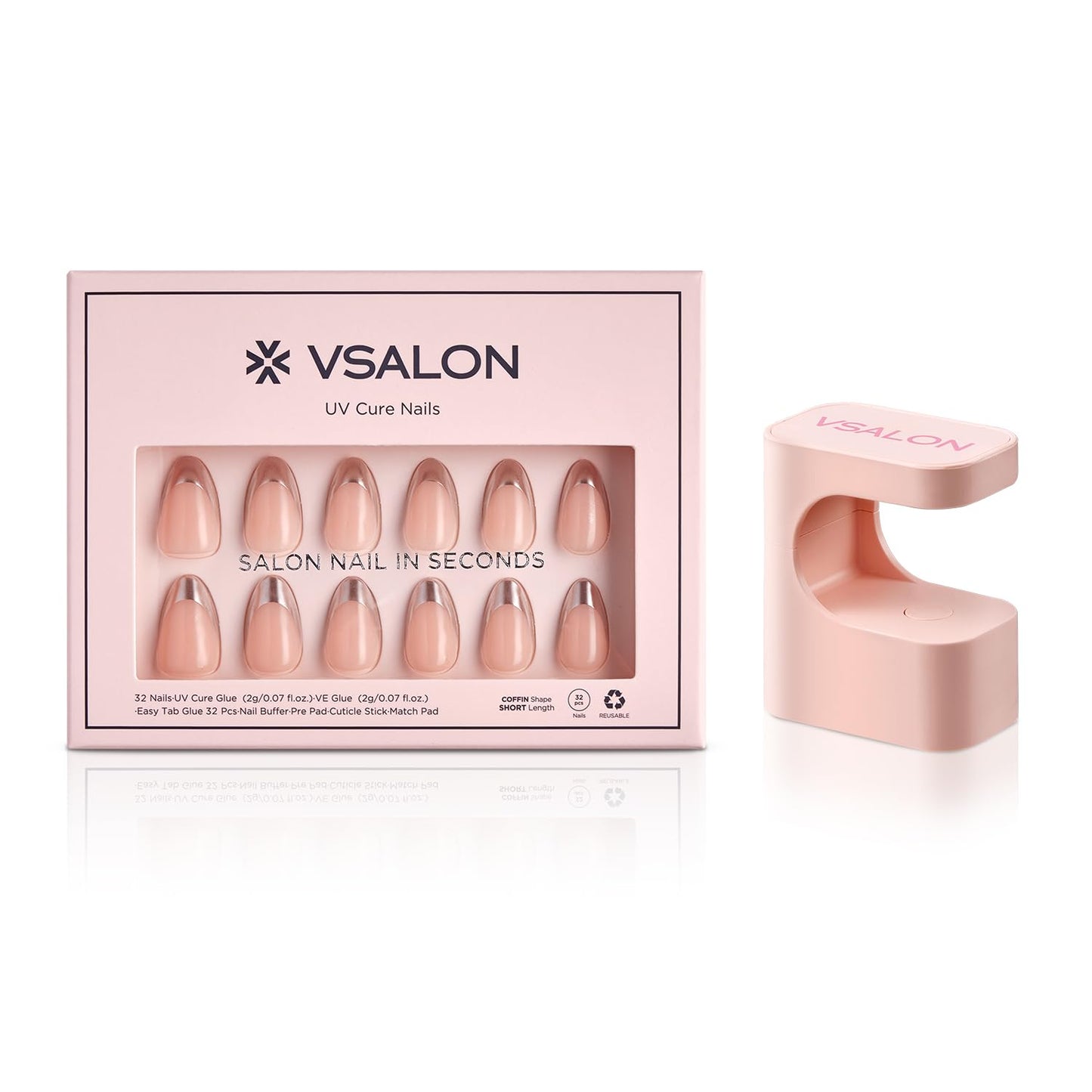 VSALON Almond Short Press on Nails, Silver Chrome Finish Glossy French Tip & Lamp