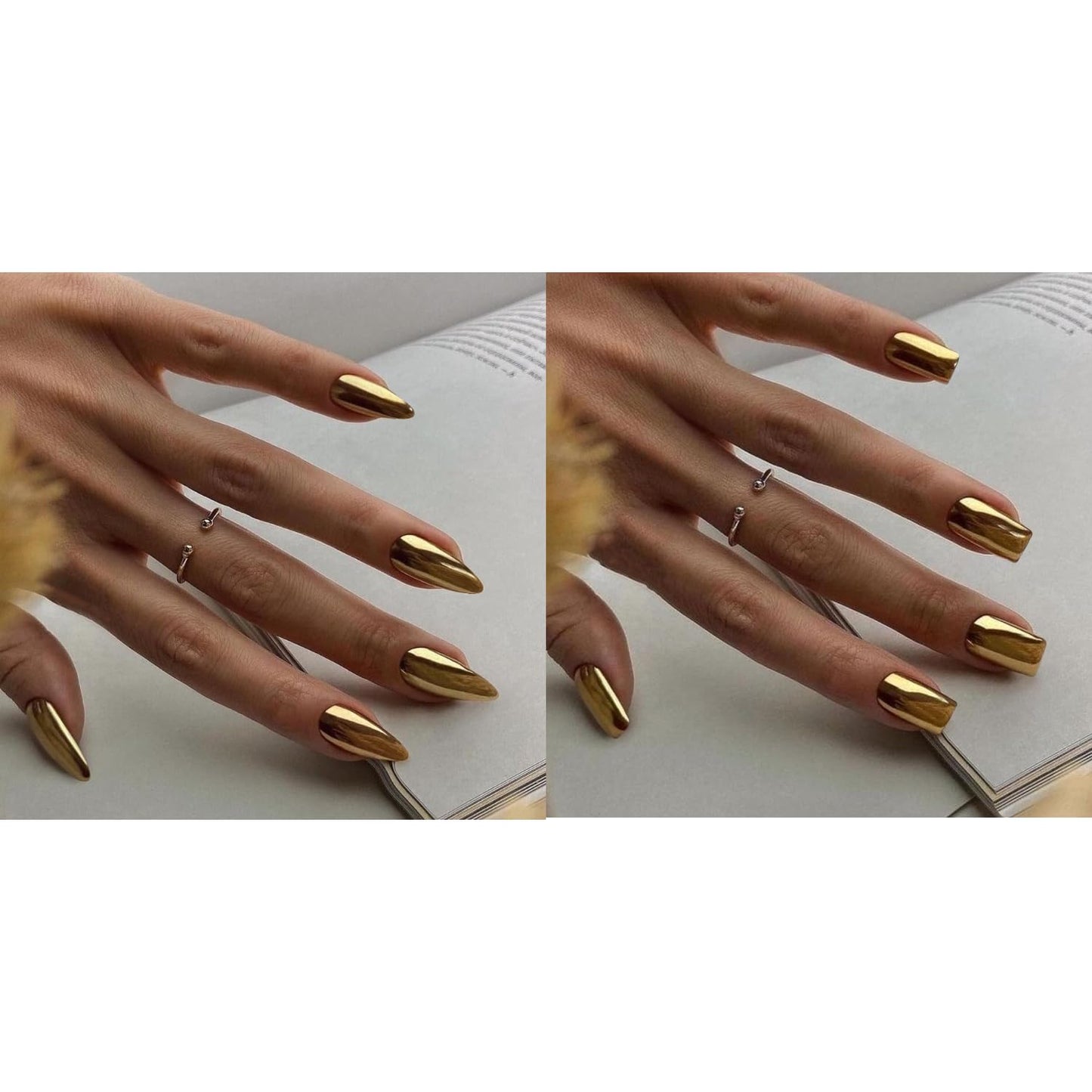 KQueenest Gold Chrome Press on Nails Medium Almond&Light Gold Chrome Press on Nails Short Medium Square For Beach Party Daily Decoration in 48 PCS