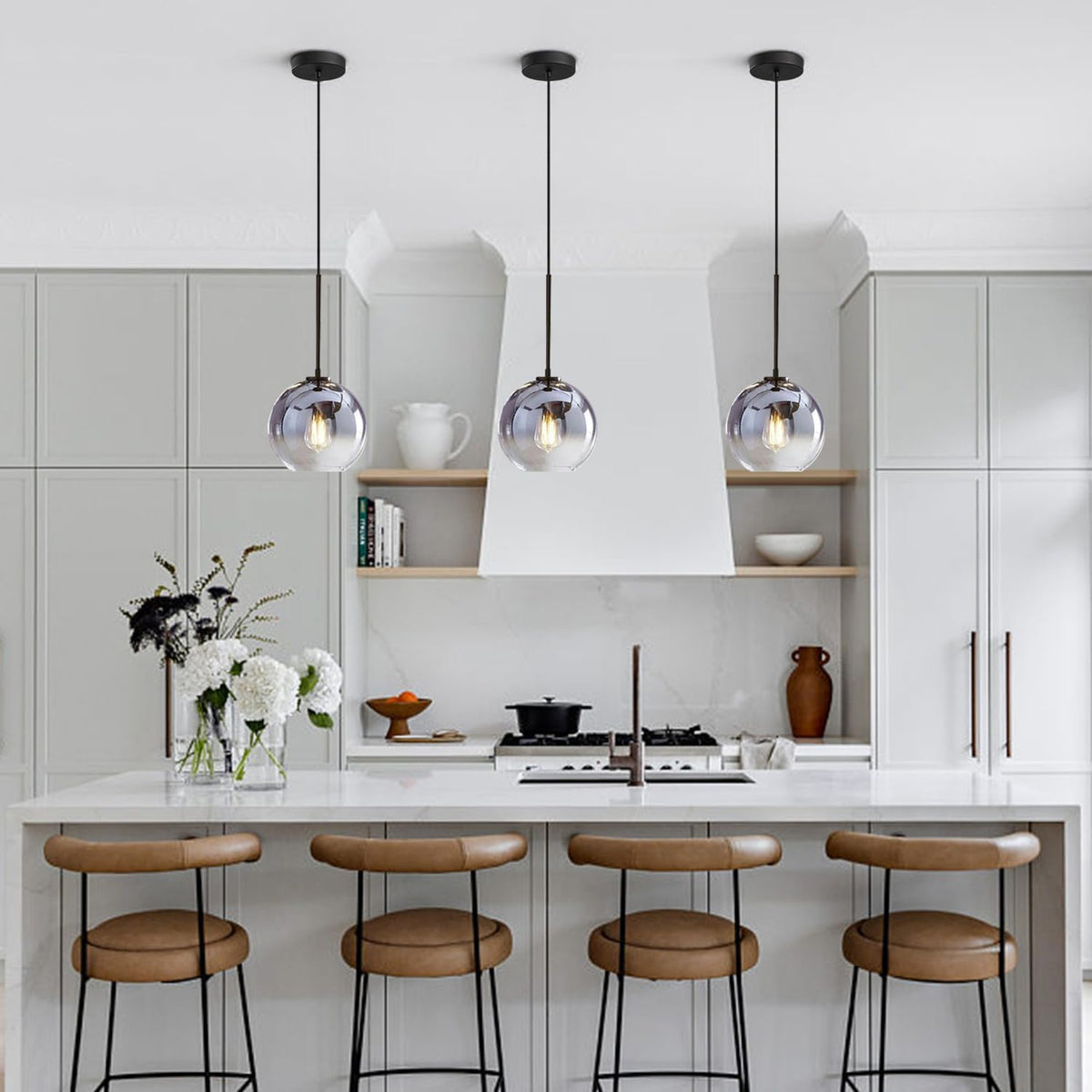 KCO Lighting Mercury Glass Pendant Light Fixtures Mid Century Modern Silver Kitchen Island Pendant Lights Ceiling Hanging Black Large Globe Pendant Light for Living Room Dining Room