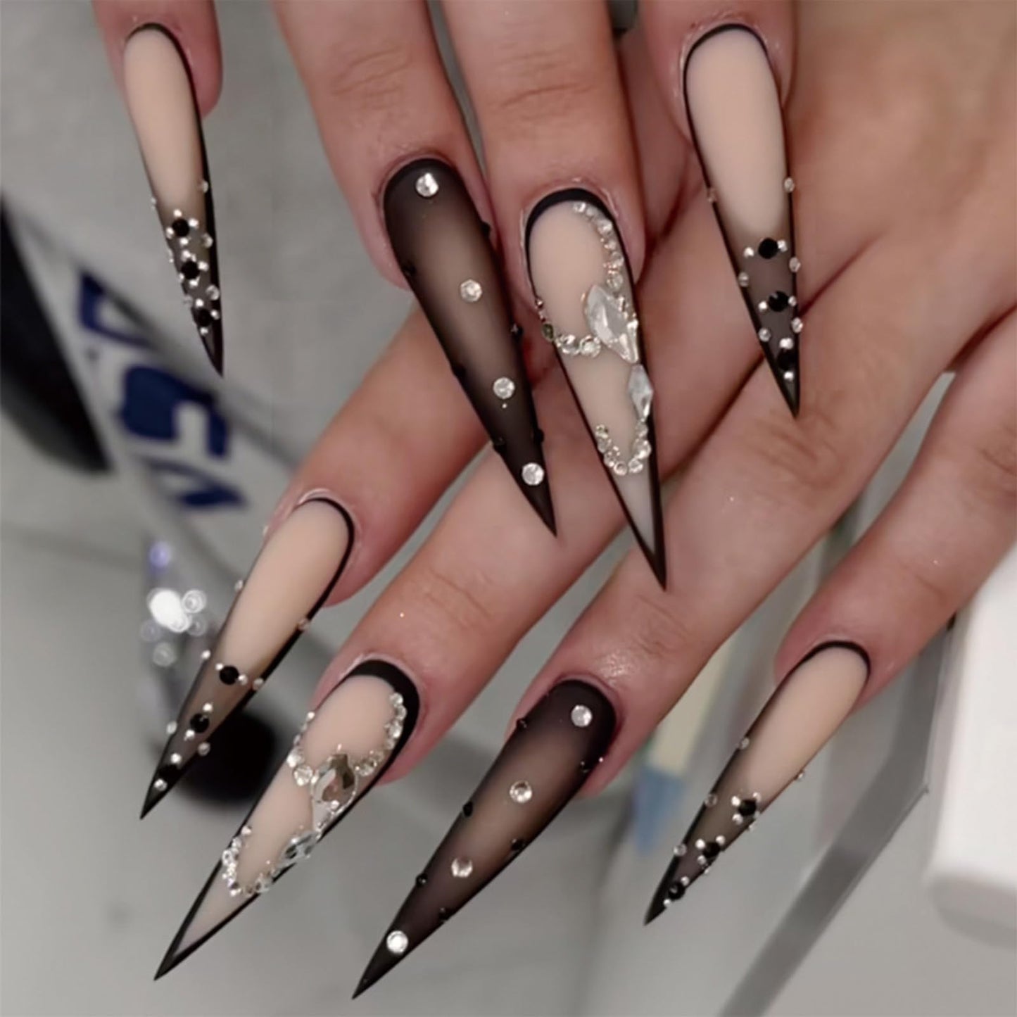 SINHOT Stiletto Press On Nails - Long, Matte & Glossy Black Ombre Acrylic Nails - Rhinestone Design, 24pcs