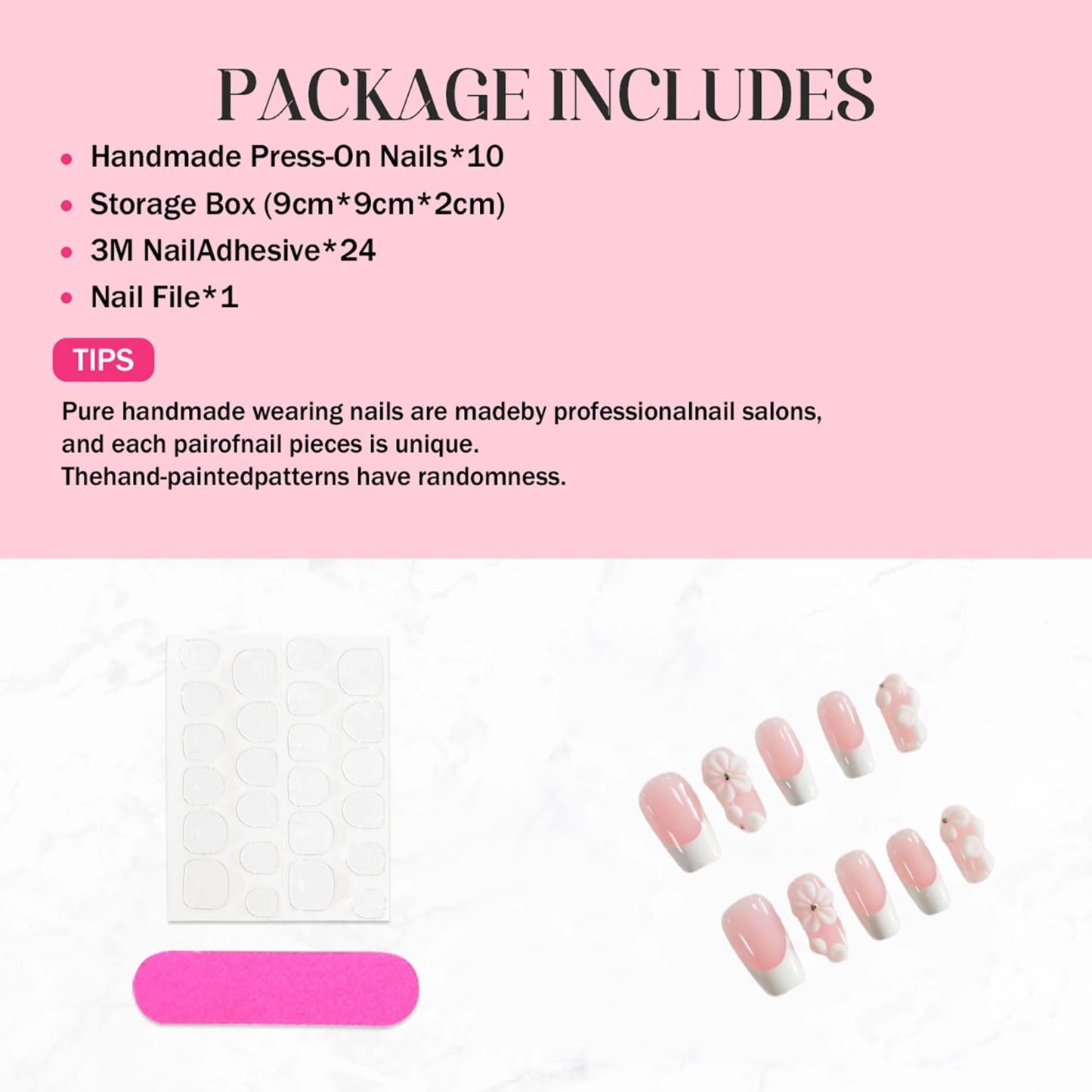 Luxury Press on Nails Medium Square Handmade Fake Nails 3D Flower Embossed False Nails White French Tip Acrylic Nails Press Ons with Designs Pink Full Cover Artificial Nail for Women 10Pcs(Size M)