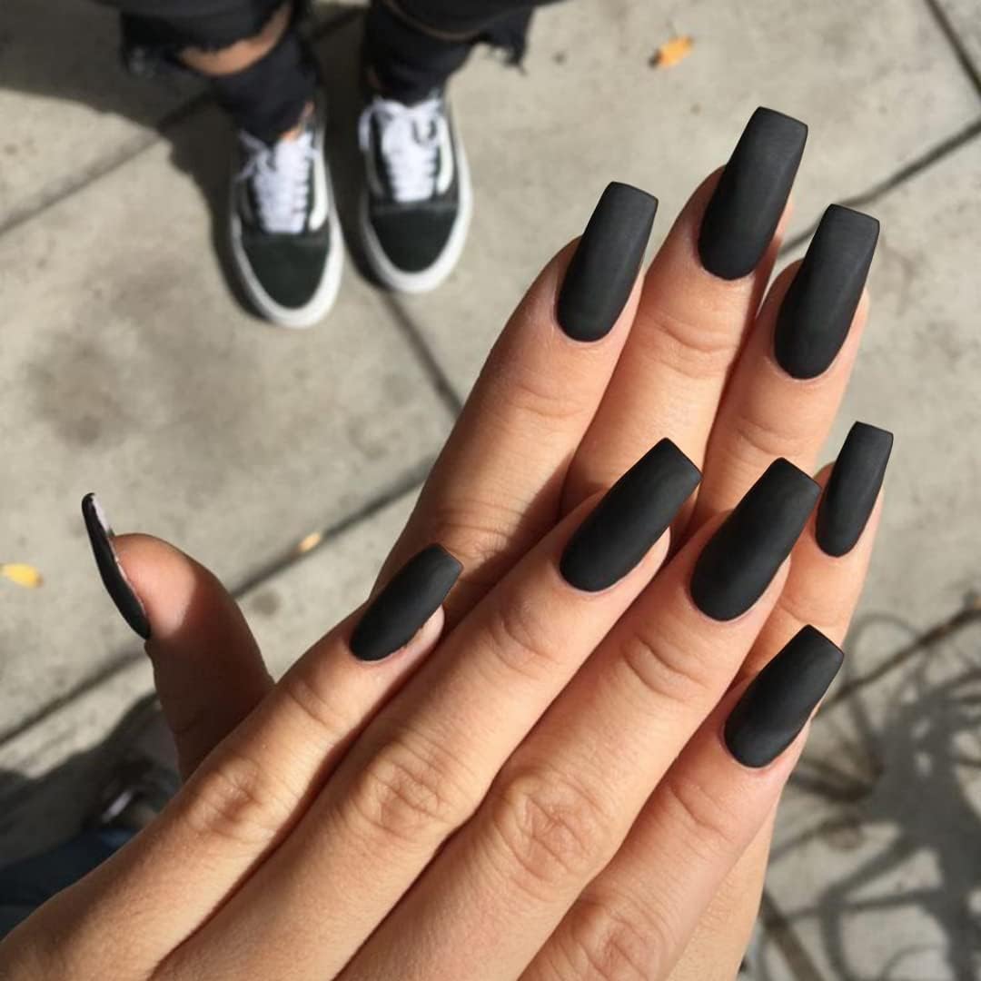 KQueenest Matte Black Press on Nails Long Medium Square, Dark Black Fake Nails Medium Coffin, Sheer Color Acrylic Nails Press ons, Reusable Soft Gel Glue on Nails for Women Fall Winter