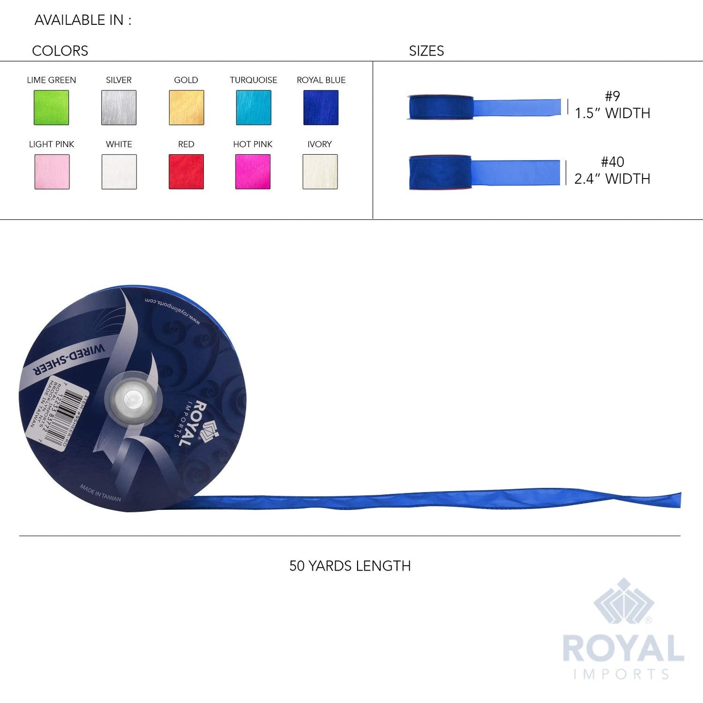 Royal Imports Organza Wired Sheer Ribbon 1.5" (#9) for Floral & Craft Decoration, 50 Yard Roll (150 FT Spool), White