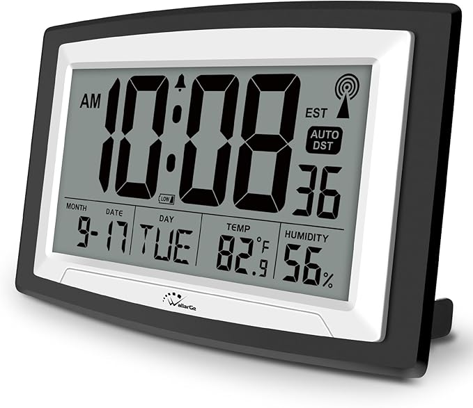 WallarGe 12.5 Inch Atomic Clock with Indoor Temperature and Humidity