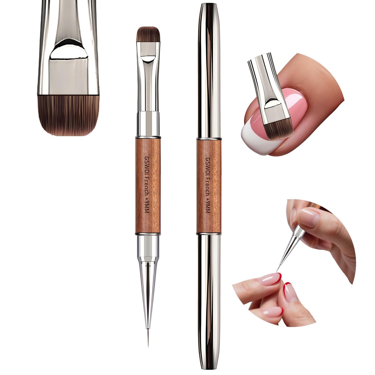 GSWOI Dual Head Acrylic Nail Brush-French Tip & 9mm Liner with Cleaning Brush for Builder Gel,Polygel & Design-Wood Handle & Metal Caps