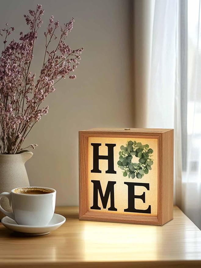 Wood Night Light Box 6.5x6.5in,Home Green Eucalyptus Leaves Garland Table Lights Wooden Picture Frame with USB Rechargeable Touch LED Lights for Home Decor Desktop Display,Retro Linen