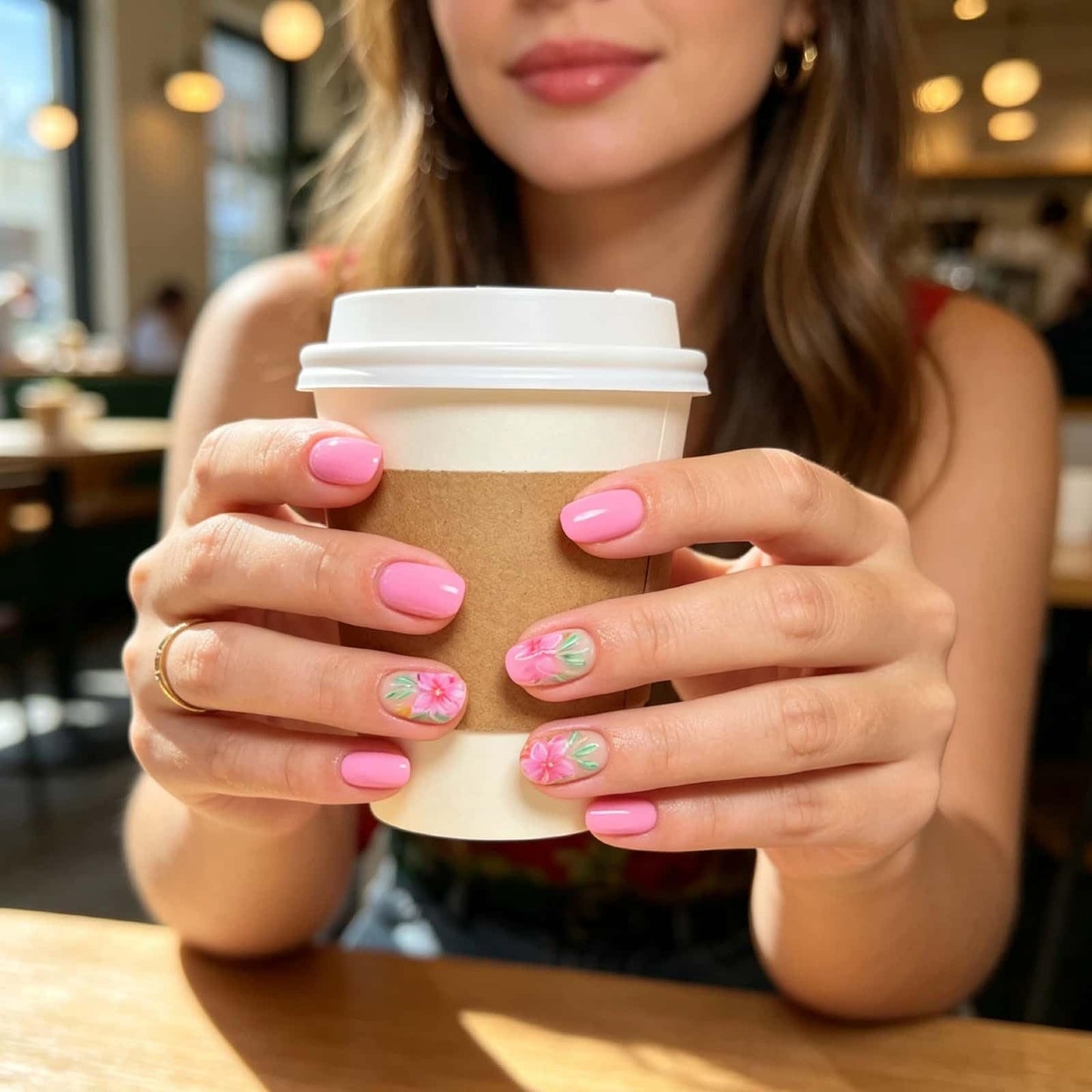 Pink Flower Press on Nails Short Round Fake Nails with Small Daisy Leaves Design Glossy White Glue on Nails Spring Summer Reusable Artificial Nail Full Cover Stick on Nails for Women 24 Pcs