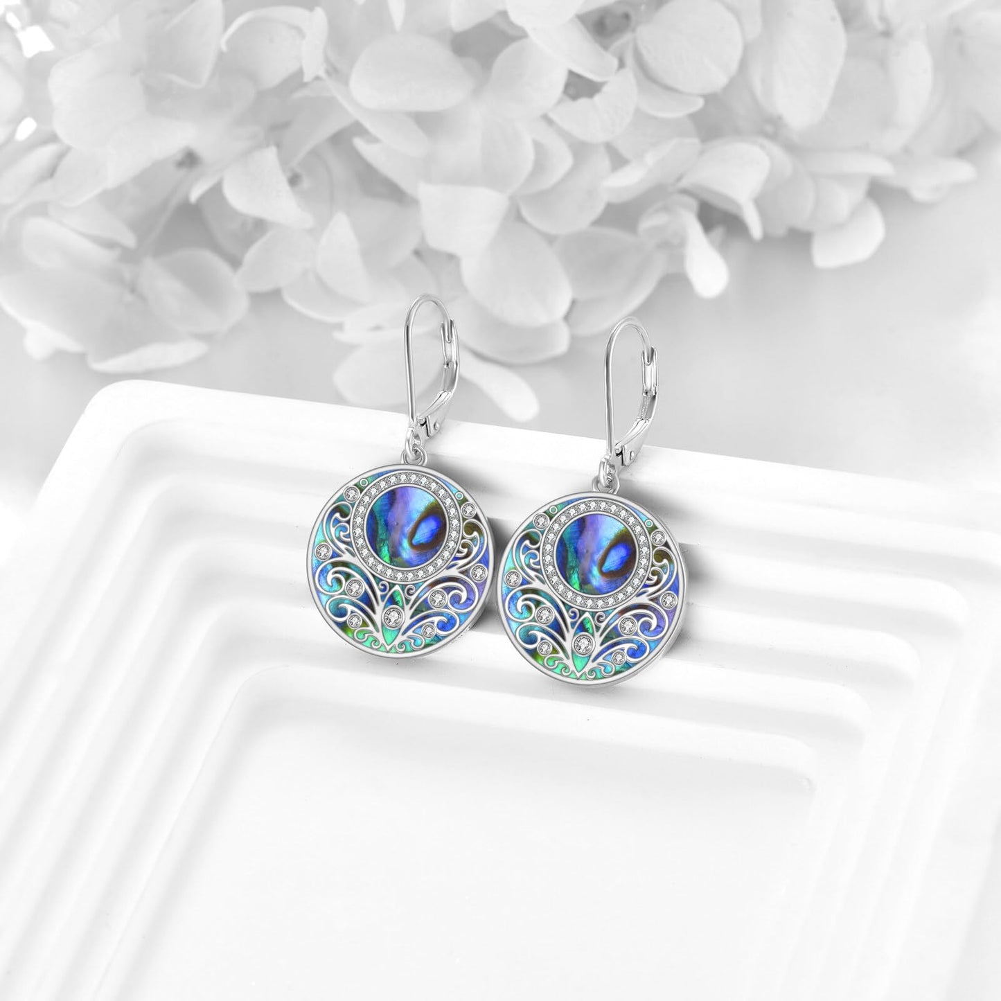Abalone Drop Earrings Sterling Silver Filigree Leverback Earrings Circle Dangle Earrings Jewelry Gifts For Women