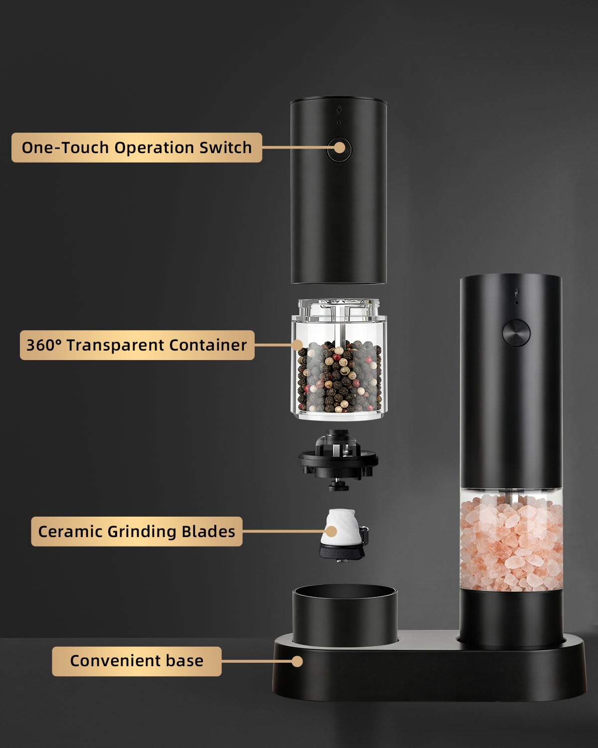 Electric Salt and Pepper Grinder Set Rechargeable, Automatic Salt and Pepper Shakers Mill Refillable, One Hand Operation Adjustable Coarseness, Kitchen Gadgets, House Warming Gifts New Home