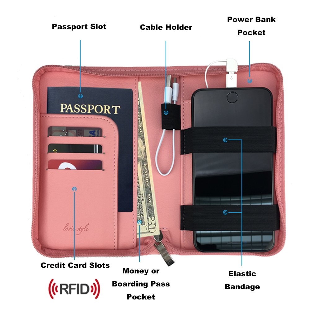 Phone Charging Passport Holder with Removable Fast Charging Power Bank that holds money, cards, phone, travel docs- RFID Blocking - Compatible with All Phones - Travel Accessories (Blush)