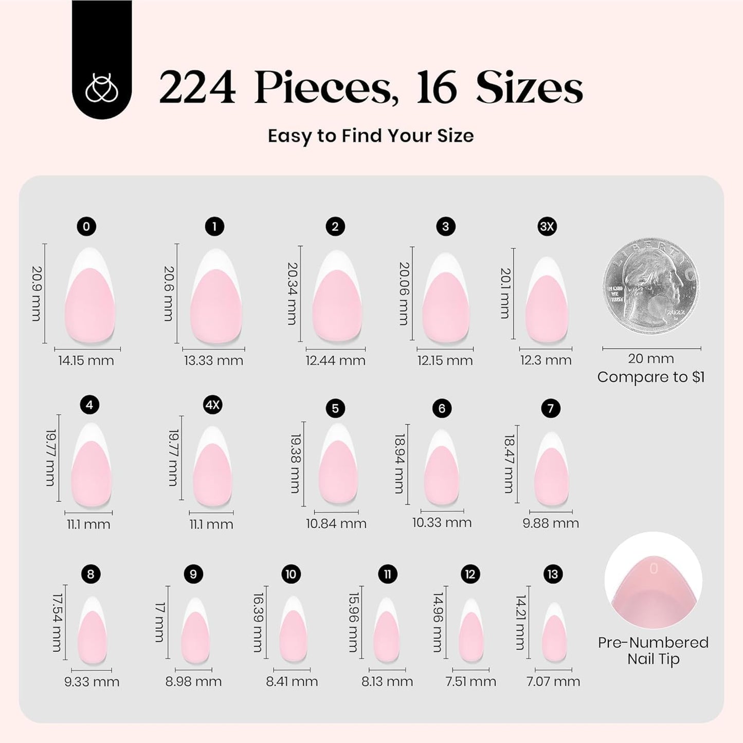 Beetles French Tips Press On Nails: 224 Pcs Pink French Tip Nails Short Almond Fake Nails, Soft Gel Nail Tips False Nails Art DIY For Women,16 Sizes