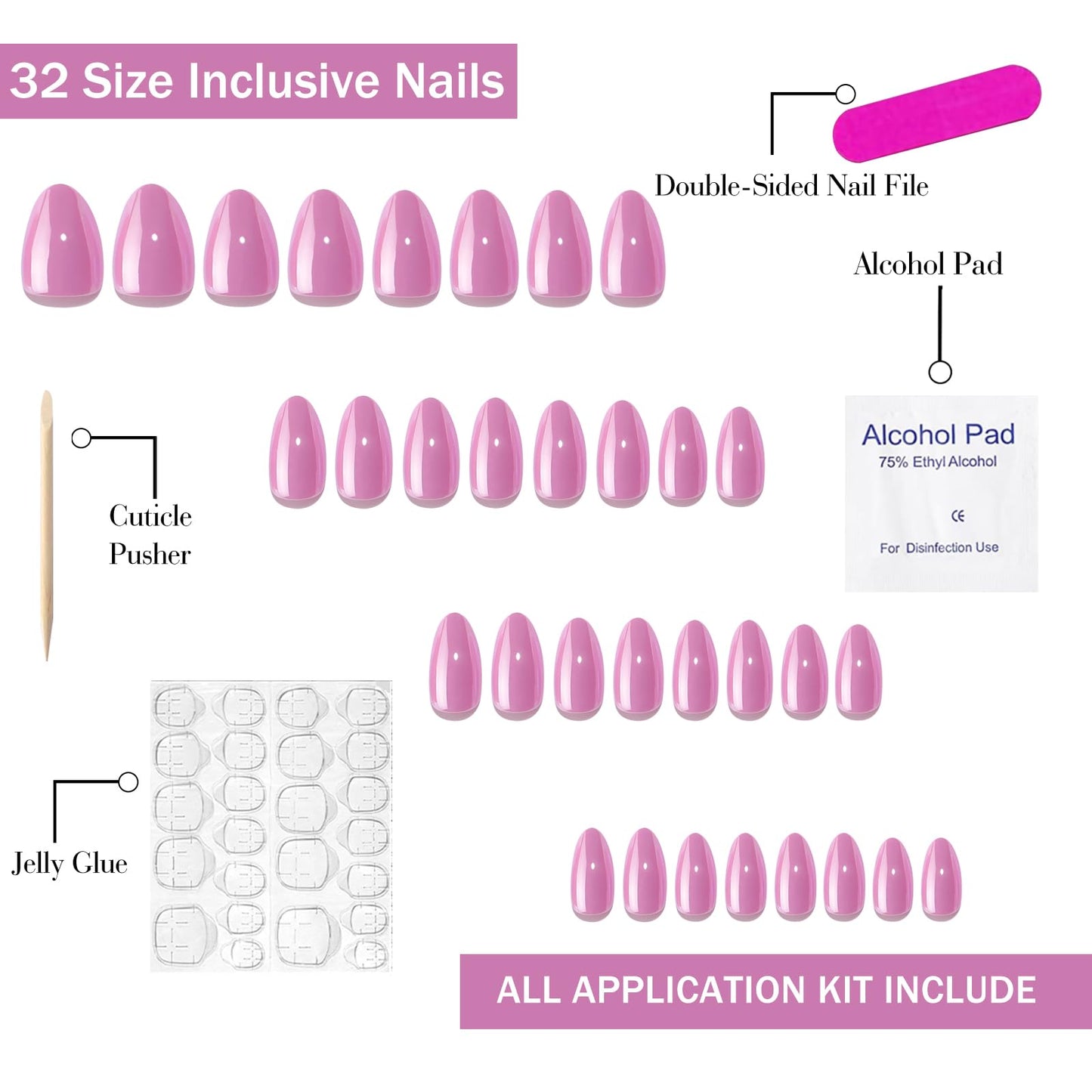 Short Almond Press On Nails - Soft Gel Press on Nails Pink Fake Nail Solid Colour False Nails Fit Perfectly Reusable Glossy Glue On Nails in 16 Sizes, Stick on Nails for Women Girls 32Pcs