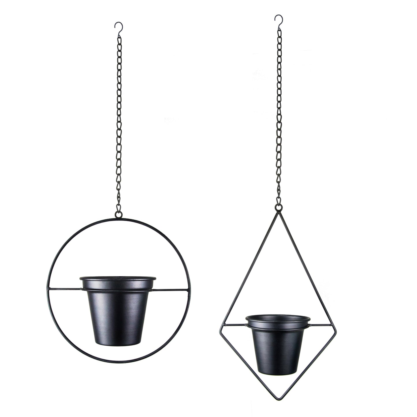 Modern Metal Hanging Planters Set of 2 - Round and Diamond Geometric Plant Hangers with 5 Inch Pots - Black Wall and Ceiling Mount Flower Holders for Indoor Houseplants, Boho Home Décor