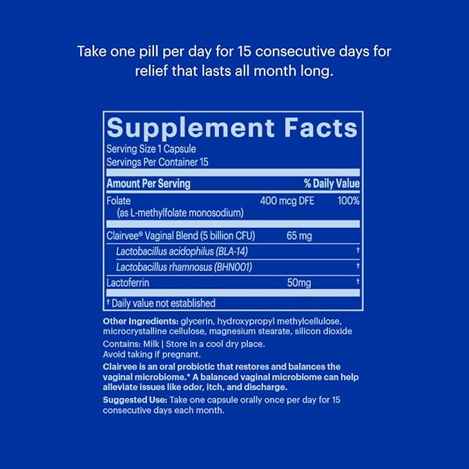 Clairvee by Bonafide. Vaginal Probiotic for Relief from Odor, Itching, & Discharge. — 3-Month Supply (45 Capsules)