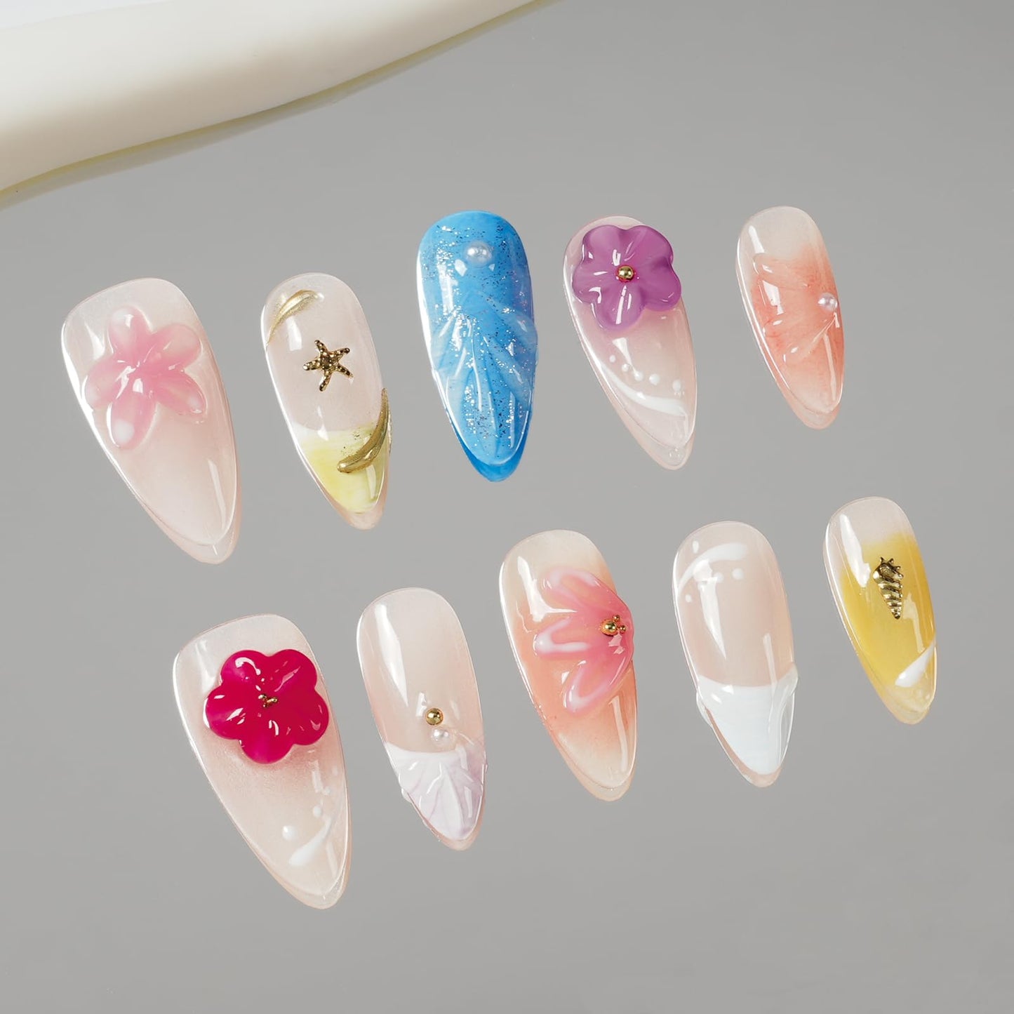 Tesytto Handmade Press on Nails 3D Floral Carved Medium Almond Fake Nails French Tips, Multi-Layer Gel Acrylic Nails for Women Nail Art (Sheer Floral Glow,S)