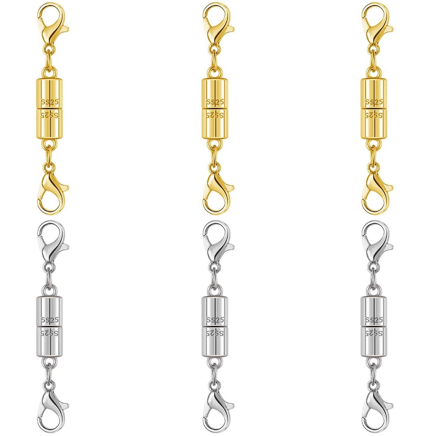 Magnetic Jewelry Clasps, 925 Sterling Silver, Strong Magnetic Closures for Necklaces and Bracelets (6pcs Golden Silvery)