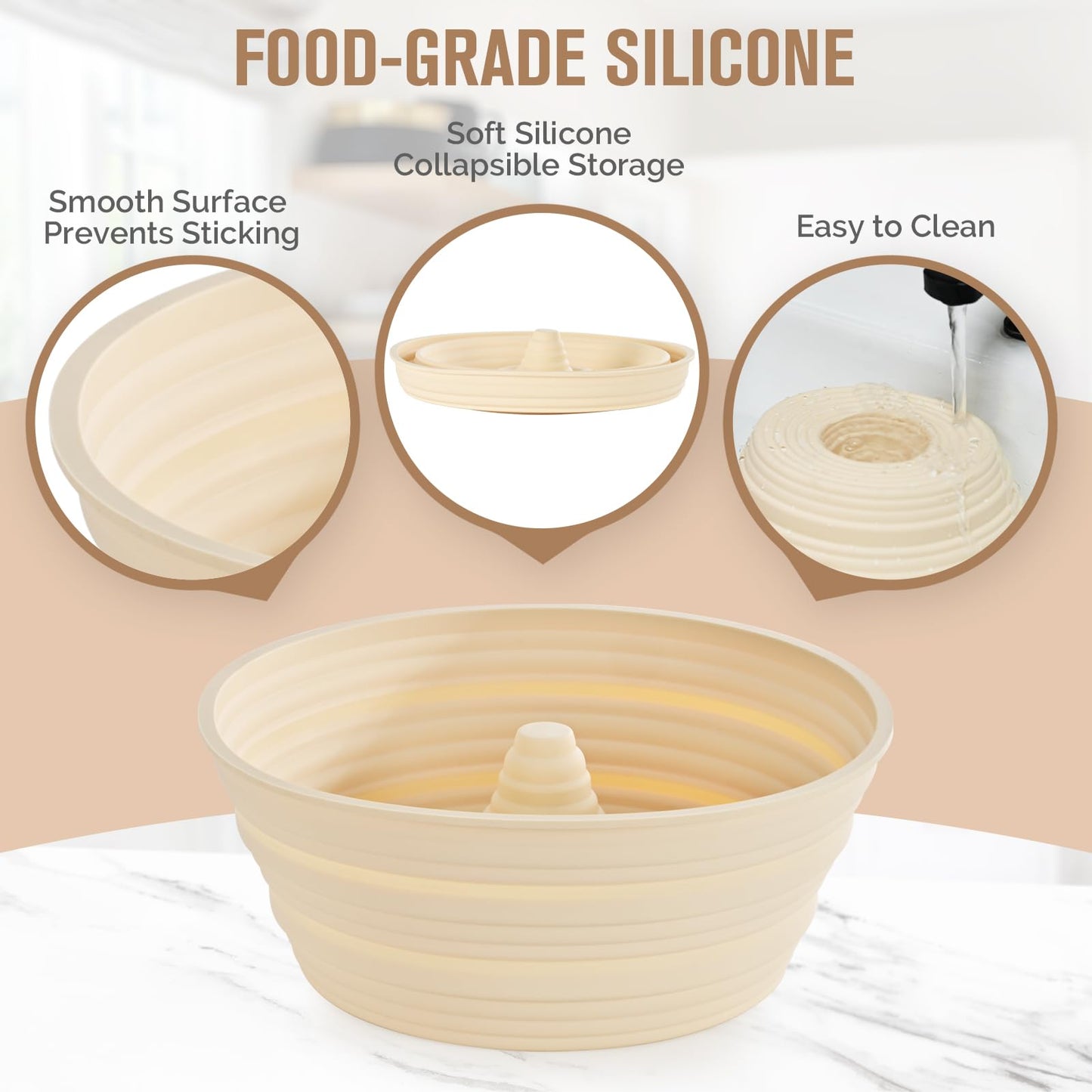 Silicone Bread Proofing Baskets, Collapsible Sourdough Baskets with Central Column, Non-Stick Round Dough Bowl, Oven & Dishwasher Safe (Beige, 9.2"L x 3.6"H)