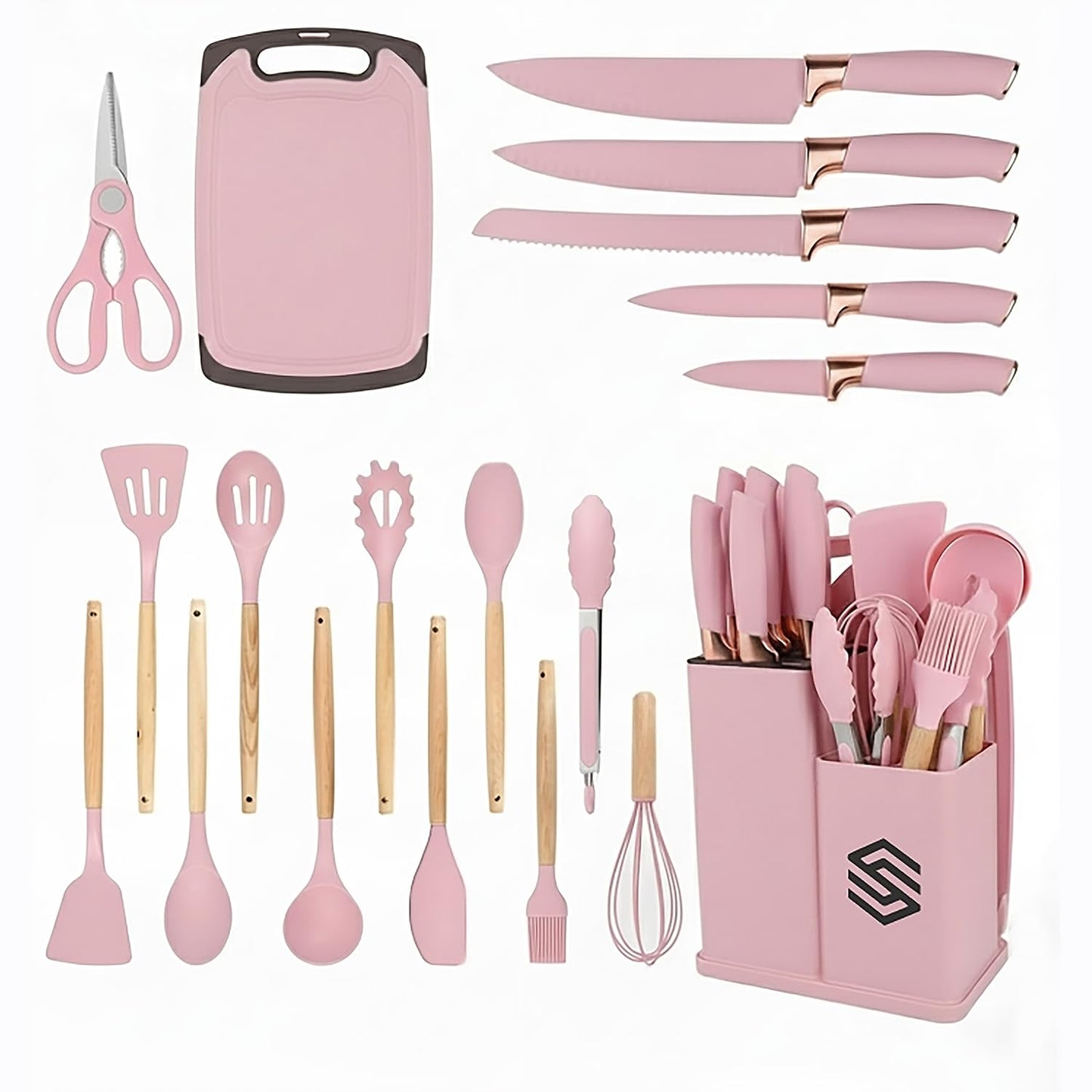 19 PCS Pink Silicone Cooking Utensils Set with Wooden Handle & Knife Set Block, Heat-Resistant Spatula, Spoon, Ladle, Whisk with Holder – BPA Free, Silicone Kitchen Utensil Set for Cooking & Baking