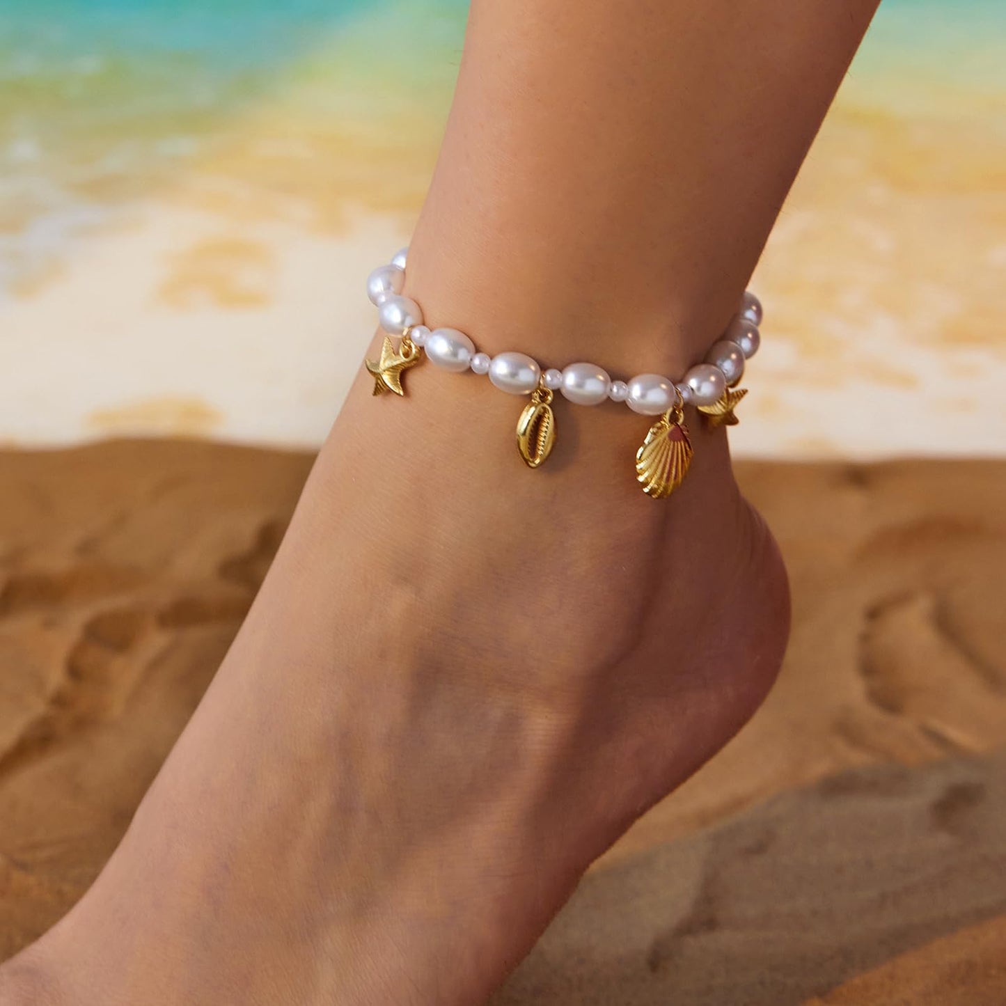 Qceasiy Shell Ankle Bracelet Set for Women, Gold Plated Boho Bead Adjustable Anklet, Hawaiian Beach Seashell Pearl Heart Starfish Conch Foot Jewelry Gifts (Pearl Shell(KC))