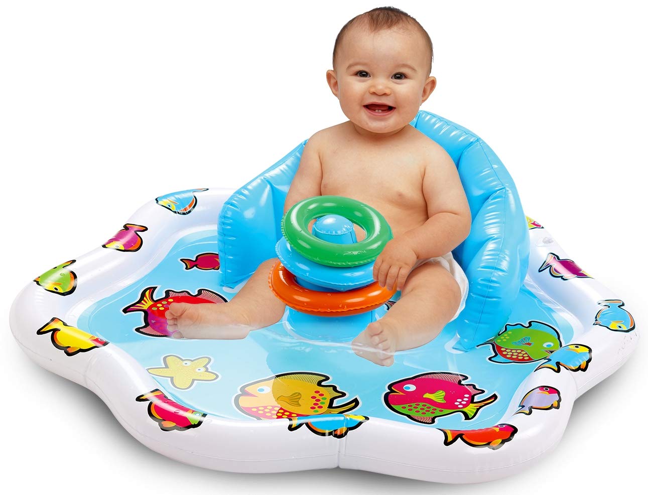 Bundaloo Baby Splash Pad with Inflatable Backrest and Stackable Ring Toys – Sensory Water Play Mat for Infants and Toddlers – Summer Outdoor Fun