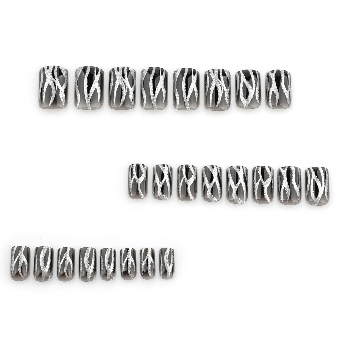24Pcs Silver Fire Press on Nails Curve Line Acrylic Fake Nails Silver Glitter Stick on Nails Glossy Black Gradient Short Square False Nails Black Ombre Gel Glue on Nails for Coquette Women Girls