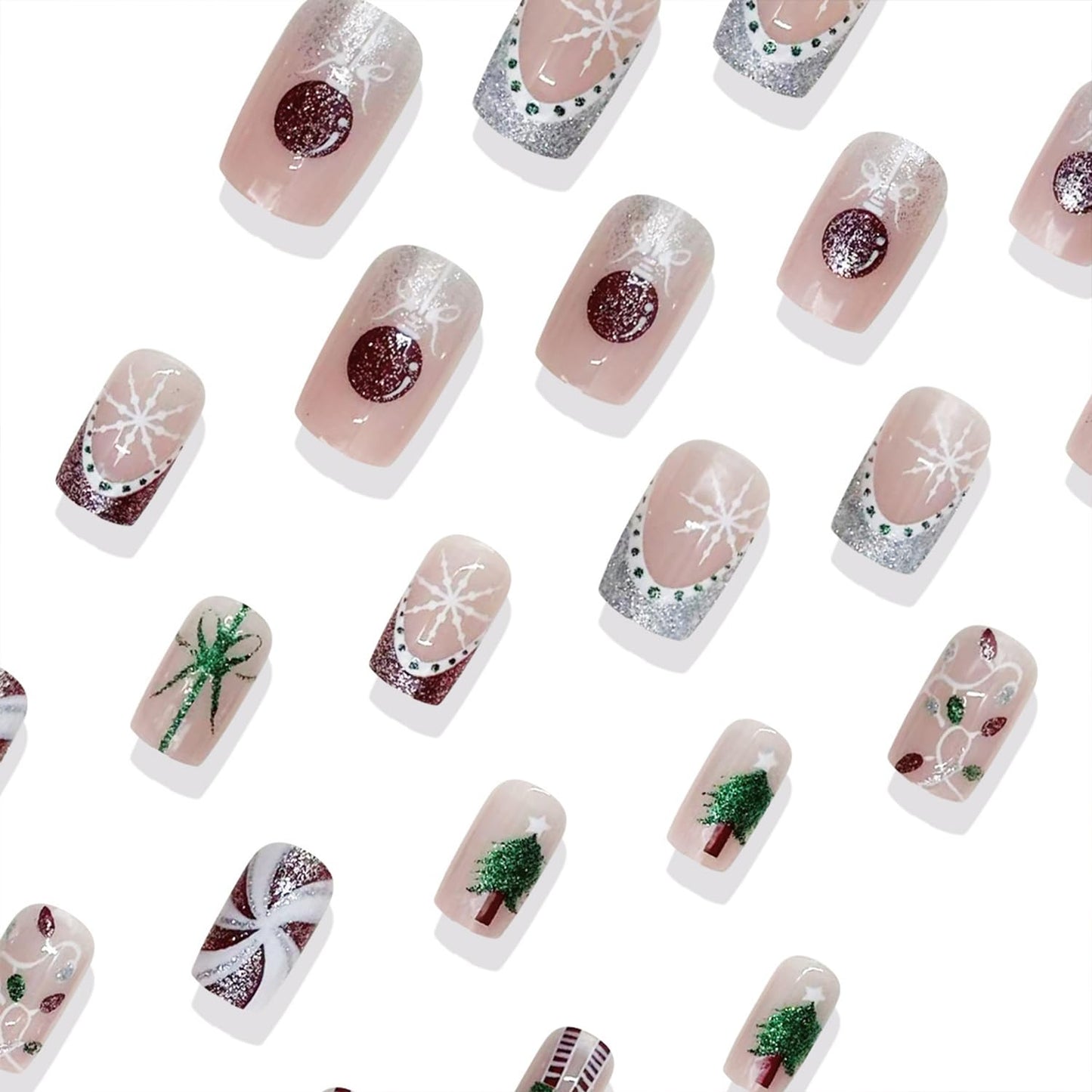 LWTZLW Christmas Press on Nails White Red French Tip Medium Square False Nails Gift Glitter Glue on Nail Snowflake Design Acrylic Fake Nails Winter Artificial Glossy Nail Reusable for Women