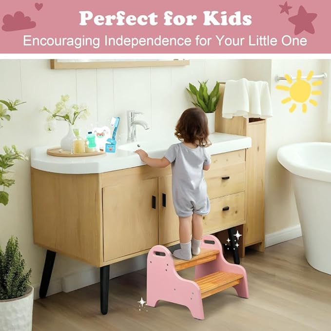 StrongTek Kids 2 Step Stool, Rubber Wood Step Children Stool, Safe & Sturdy, Ideal for Bathroom, Kitchen, Home Use, Durable, Non-Slip, Child Safety, Foot Stool, Toddler Step Stool, Easy to Clean
