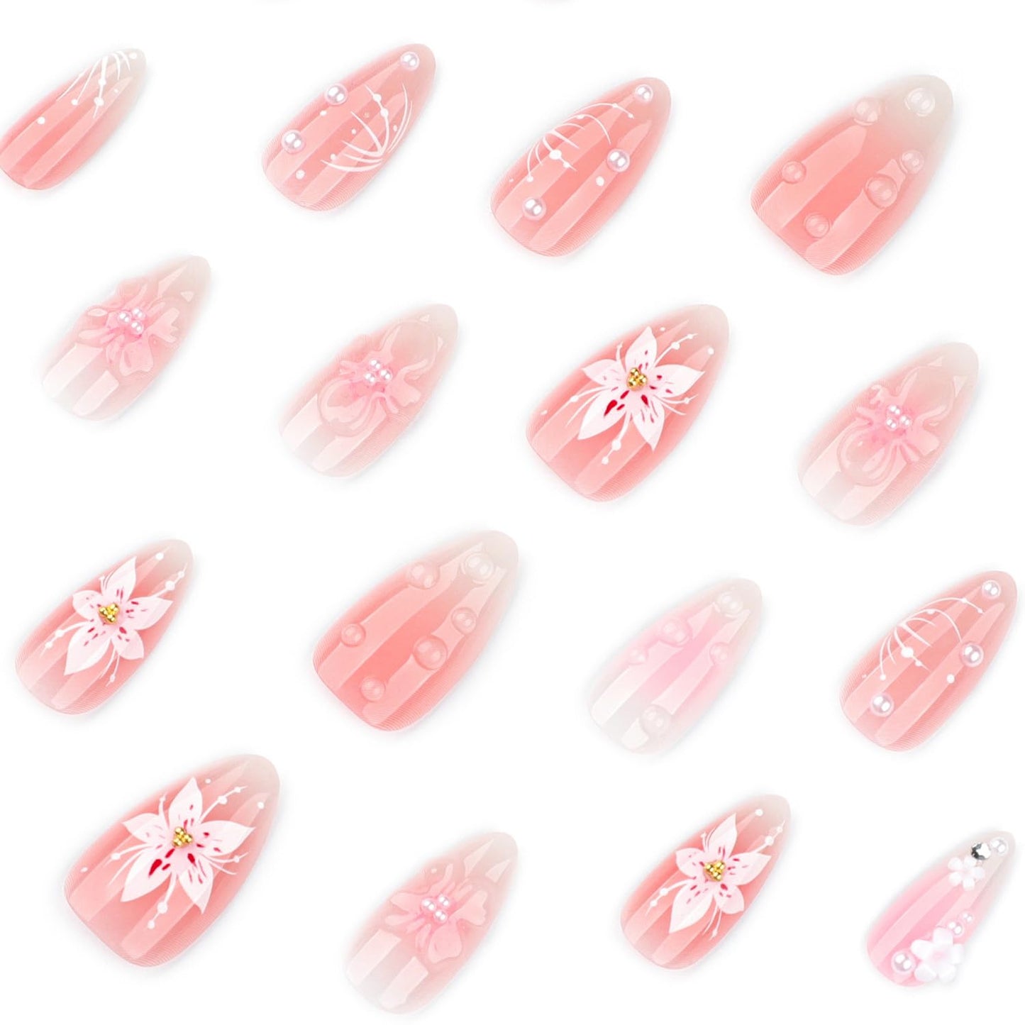 Pink Nude Cherry Blossom Press on Nails, Medium Almond Handmade 3D Flower Fake Nails with Pearl & Rhinestone Designs, Reusable Cute Stick on Nails Spring False Nails for Women 24Pcs