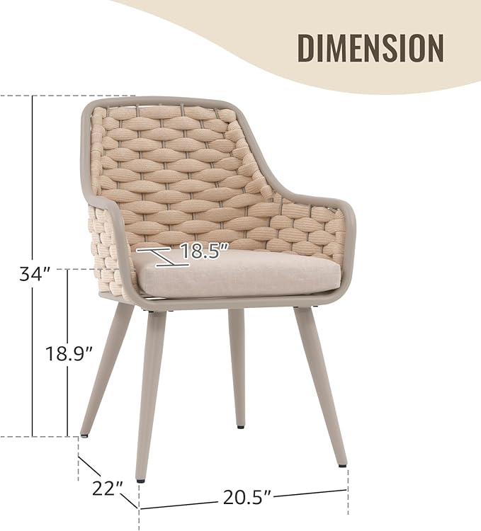 SUNSITT Outdoor Dining Chairs Set of 4, Metal Outdoor Patio Dining Chairs with Weather-Resistant Cushions, Woven Rope Chairs Outdoor with Armrest Champagne Outdoor Furniture Chairs for Backyard