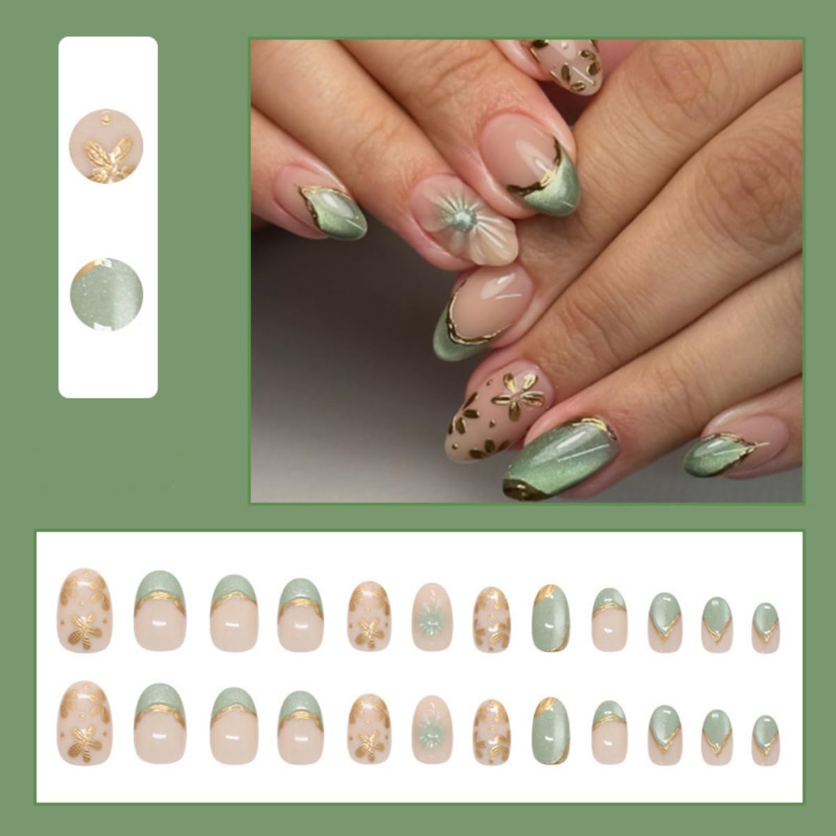 Green French Tip Press on Nails Short Oval Gold Flower Line Fake Nails with Glue Nude Glossy Acrylic False Nails for Women DIY Manicure Decoration 24PCS Reusable Artificial Nails