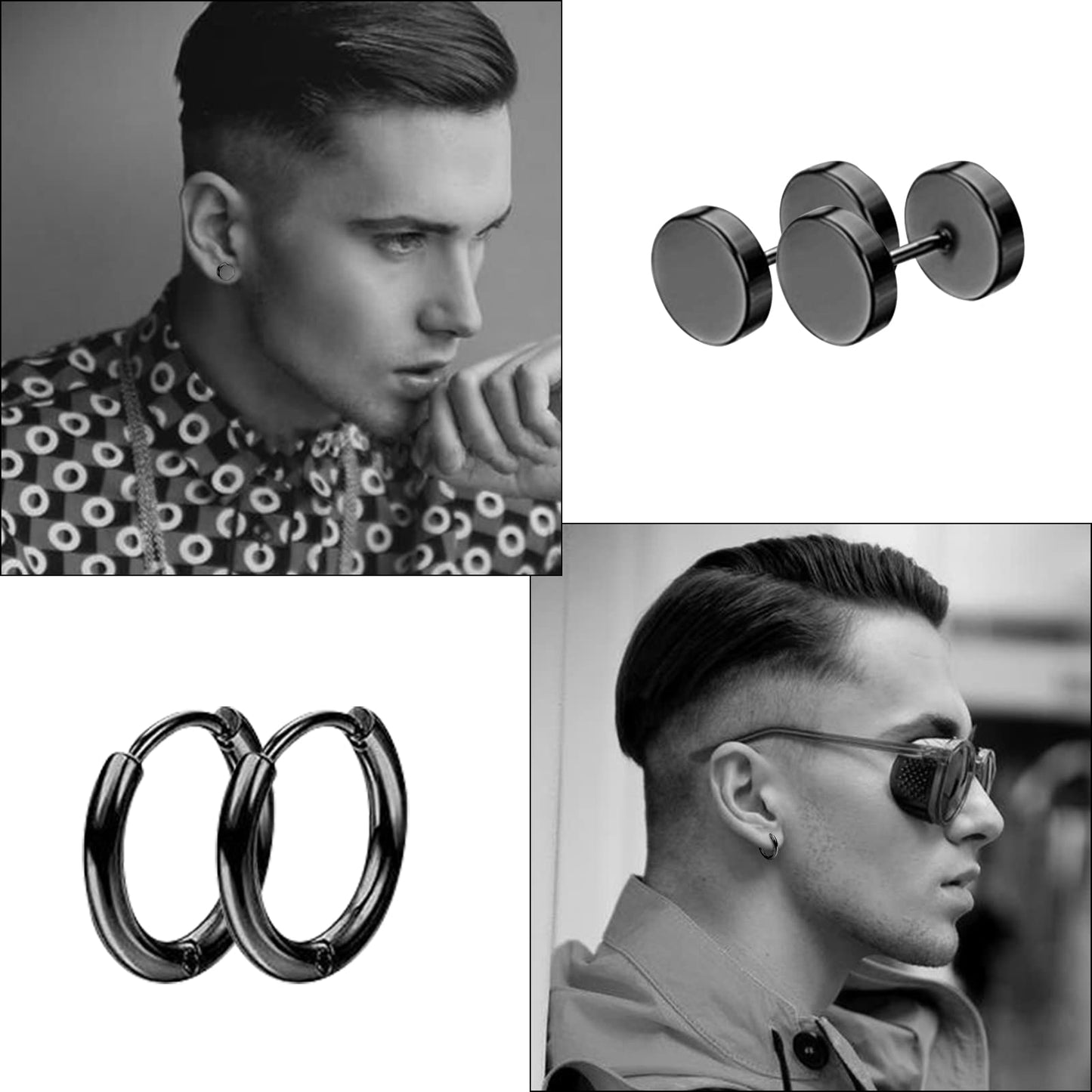 LEBOCADO 10 Pack Men Earrings Set Black and Sliver Earrings for Men Women, Stainless Steel Hoop Stud Earrings Fashion Piercing, Punk Earrings with Storage Boxes