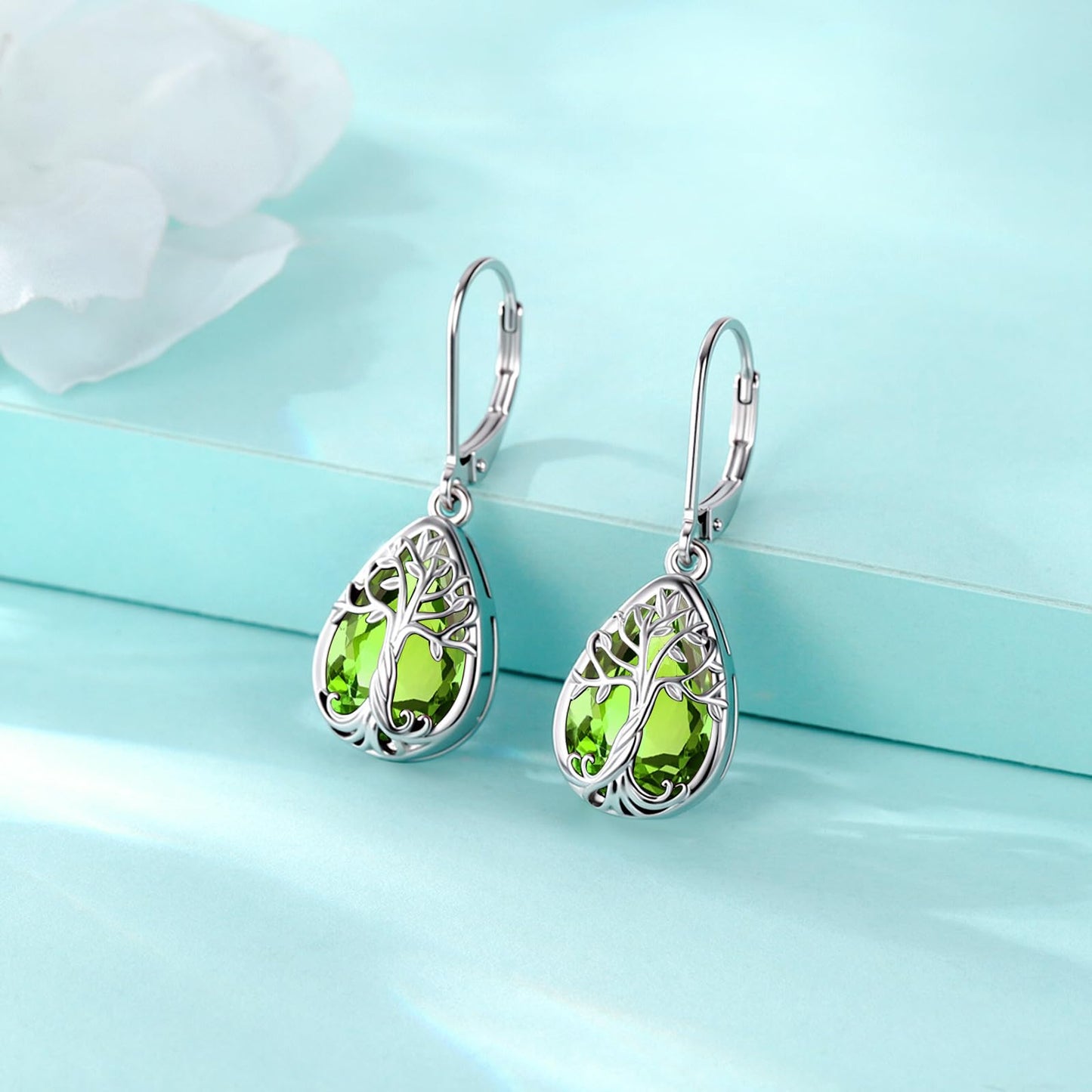 Eusense Teardrop Dangle Peridot Earrings 925 Sterling Silver Tree of Life August Birthstone Jewelry Leverback Drop Tree of Life Earrings for Women Gift
