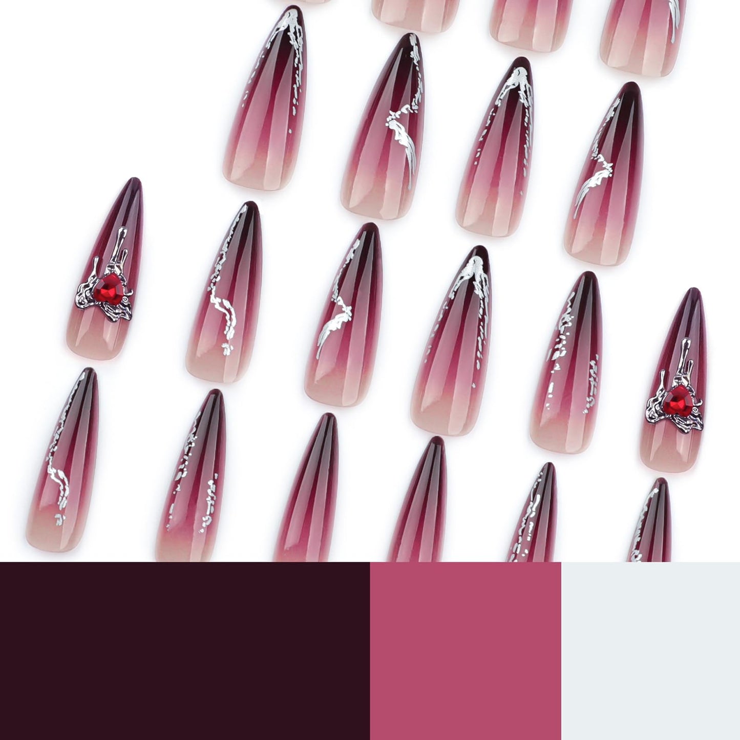 24 Pcs Dark Red Press on Nails Long Almond Fake Nails with Glitter Rhinestones Design Reusable False Nails Kit Acrylic Nails Press ons Artificial Stiletto Nails Full Cover Stick on Nails for Women
