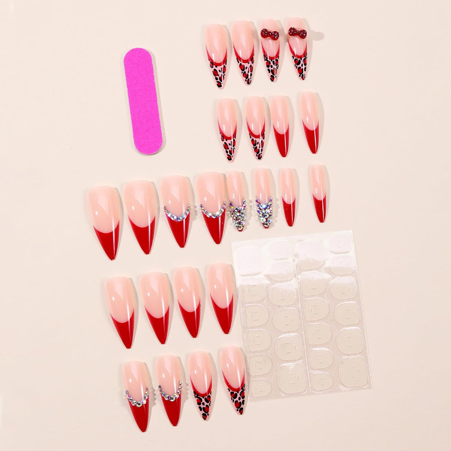 24Pcs Long Stiletto Press on Nails Red French Tip Fake Nails with 3D Bow Leopard Rhinestone Design Artificial False Nails Long Almond Nails Press ons Handmade Glue on Nail for Women Nail Decoration