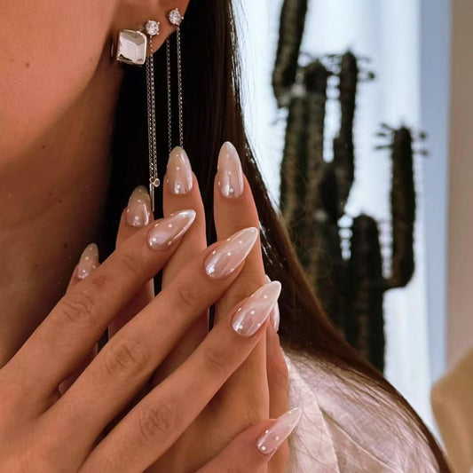Handmade French Tip Press on Nails Almond Fake Nails with Handmade Pink Acrylic Nails Design Full Cover Glossy Stick on for Women Manicure Decoration White polka dots 10PCS (MT-122-M)