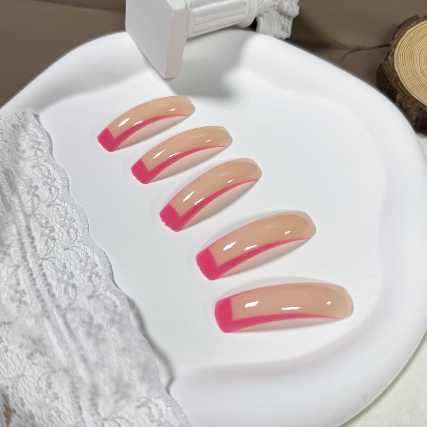 IMSOHOT Curved Press on Nails Pink French Tips Fake Nails Extra Long Glue on Nails Full Cover Glossy Acrylic False Nails for Women 20Pcs