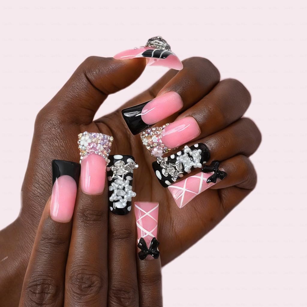 IntoVibes 10 Pieces Luxury Acrylic Press On Nails Long Handmade Duck Nails, Black Thickened False French Nails, With 3D Bowknot And Stars, Reusable Fake Nails, Acrylic Nails (M)