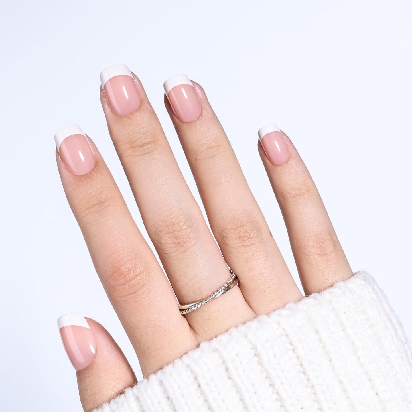 Leefrei French Tip Press On Nails Short Square - Nude French Fake Nails with White Tips, Reusable Glue On Nails Kit, 30pcs in 15 Sizes Nails Press ons, Pure French