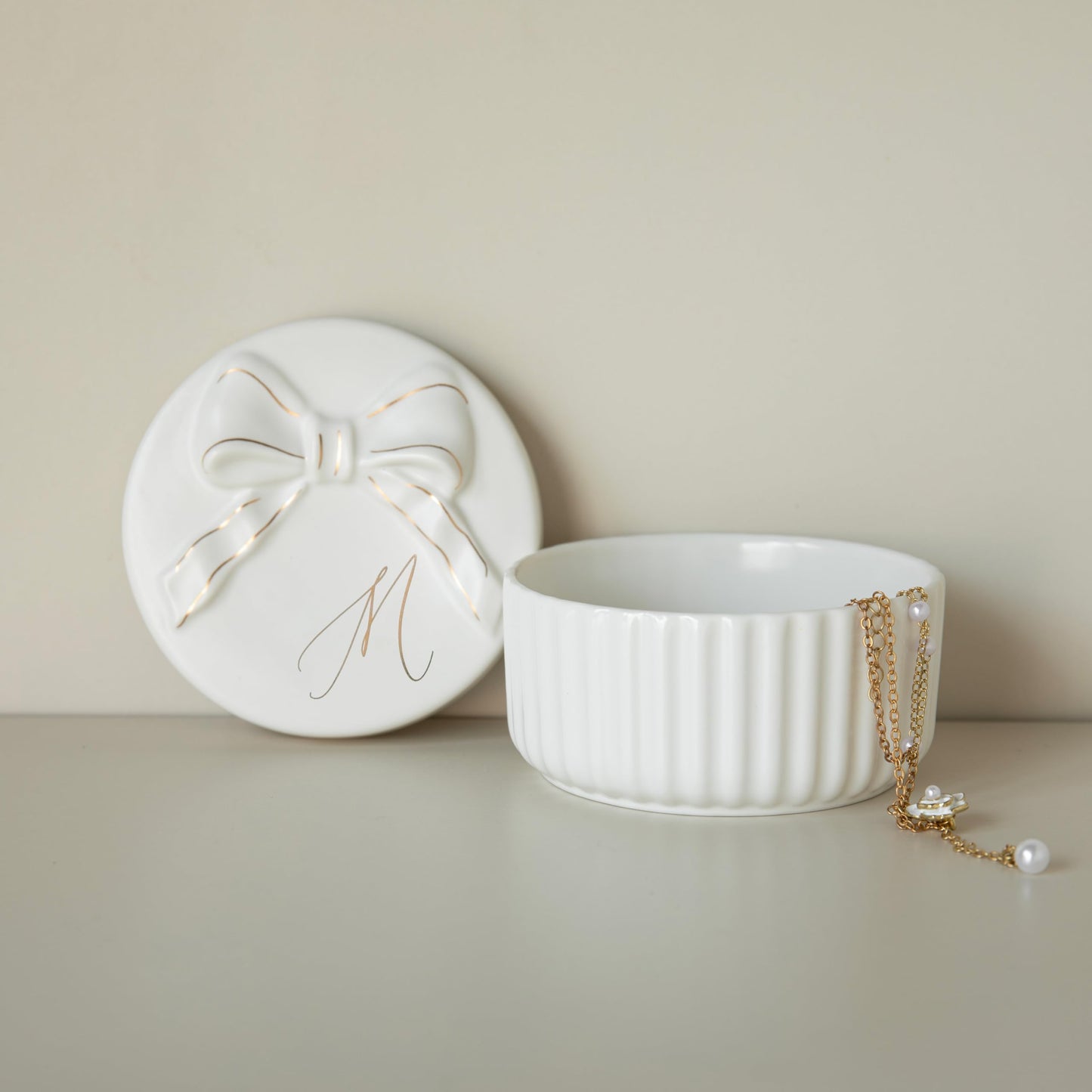 COLLECTIVE HOME Monogram Initial Jewelry Box with Bow - Elegant Ring Holder & Earring Dish | Christmas Gift Idea for Women, Unique Birthday Present for Her (M)