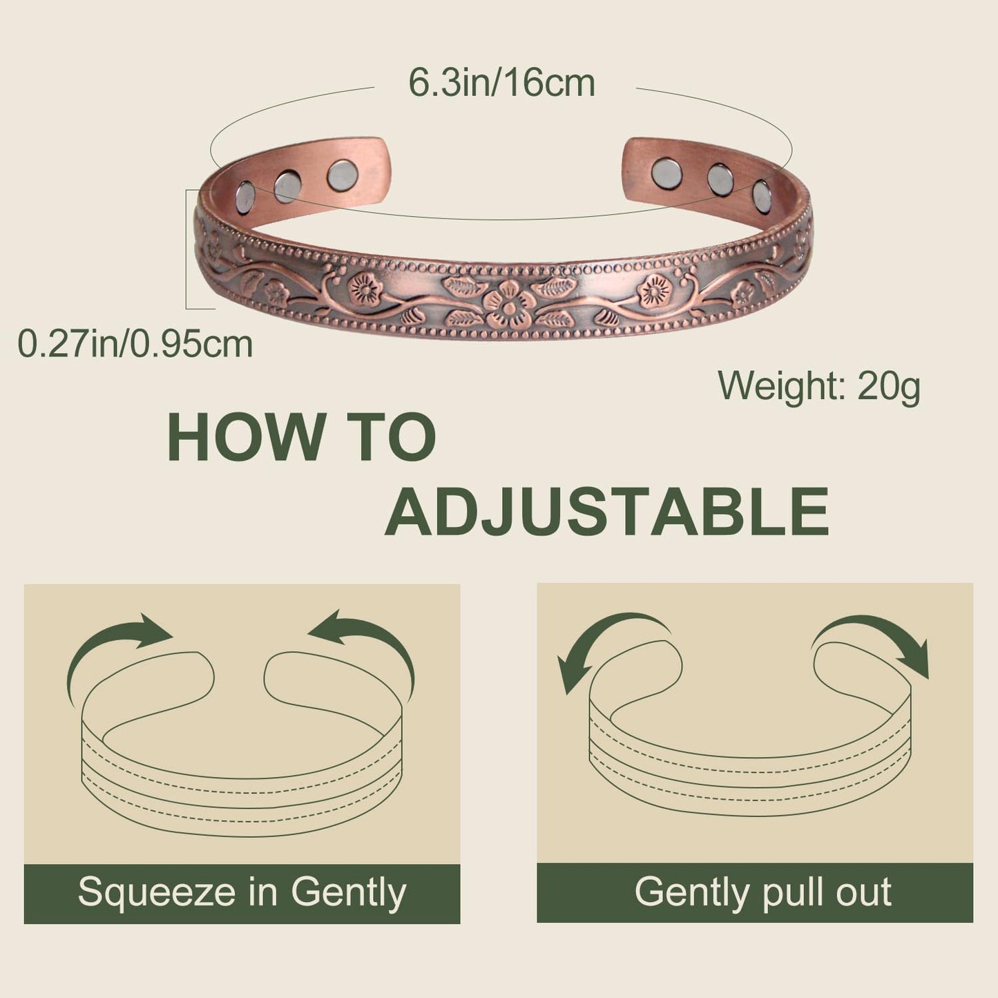 MagEnergy Copper Bracelets for Women, 99.9% Pure Copper Vintage Flower Magnetic Bangle with 3500 Gauss Magnets,6.3" Adjustable Cuff Jewelry Box