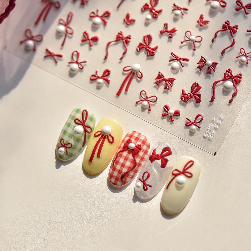 Red Bow Pearls Nail Stickers 5D Embossed – Premium Salon-Quality Nail Charm Accessories, Easy Application & Self-Adhesive Pearled Bows Decal for DIY Manicure, Nail Art, Press on, Home or Salon Use